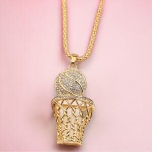 Basketball Necklace Gold Tone with Rhinestones 24” Chain